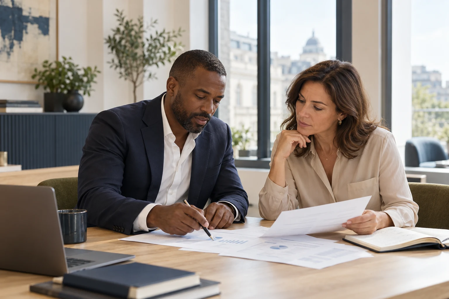 Illustrative professionals reviewing financial reports in a bright office